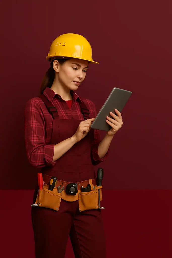 Ingeniera de MODEX 360 utilizando una tablet en el área técnica, junto al formulario de contacto “Hablemos sobre tu proyecto”.