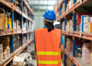 Trabajadora de Modex360 en almacén realizando inspección de estanterías industriales según la norma UNE-EN 15635