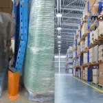 comparación entre una estantería industrial dañada y una estantería en buen estado en un almacén