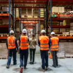 écnico inspeccionando estanterías metálicas según UNE-EN 15635.