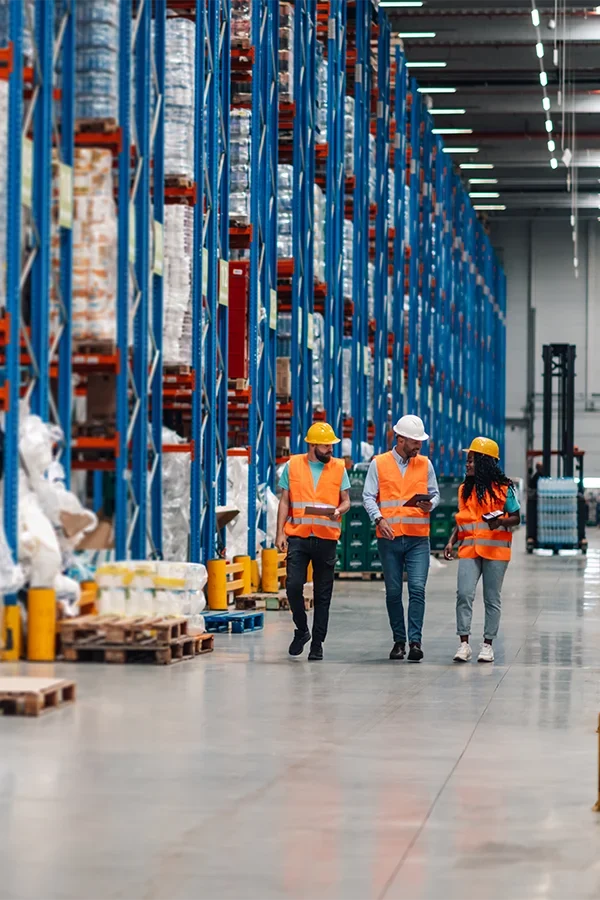 Ingenieros de Modex 360 realizando consultoría técnica en sistemas de almacenaje industrial dentro de un almacén logístico