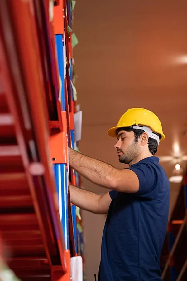 Técnico de MODEX360 realizando la inspección técnica de estanterías industriales en un almacén.