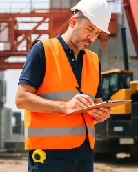 Inspector técnico de Modex360 revisando una obra industrial con chaleco de alta visibilidad y casco blanco